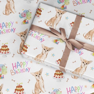 May include: White wrapping paper with a repeating pattern of small brown and white dogs, colourful balloons, birthday cakes, and the words "Happy Birthday".
