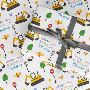 Rouleau de papier cadeau personnalisé pour tout âge, véhicule de construction, emballage cadeau d'anniversaire pour enfants amusants, camion de construction 1er 2e 3e 4e 5e 6e