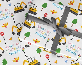 Personalized Digger Birthday Wrapping Paper Roll: Construction Truck Gift Wrap