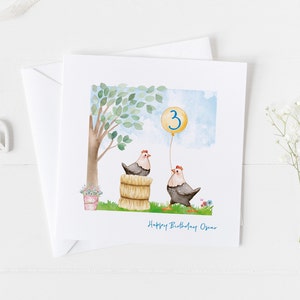 Carte d'anniversaire d'une poule et d'un coq sur une botte de foin, carte d'anniversaire mignonne d'anniversaire d'adolescent de tout âge, carte d'animal de ferme, carte d'aquarelle douce