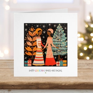 Carte de Noël lesbienne gay, père Noël Lgbtq + fierté, couple gay femmes dame, ethnique africain biracial noir et blanc, amoureux. L 9
