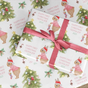 Personalisierte Weihnachtsgeschenkpapier, erste Weihnachten Baby, Kaninchen Geschenkpapier, Weihnachten rot rosa oder blau, Kinder Geschenkpapier, Made UK