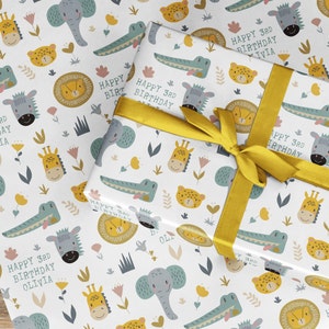 Papier cadeau Safari personnalisé pour tout âge, emballage cadeau animal jungle lion girafe guépard crocodile, design contemporain pour anniversaire d'enfants