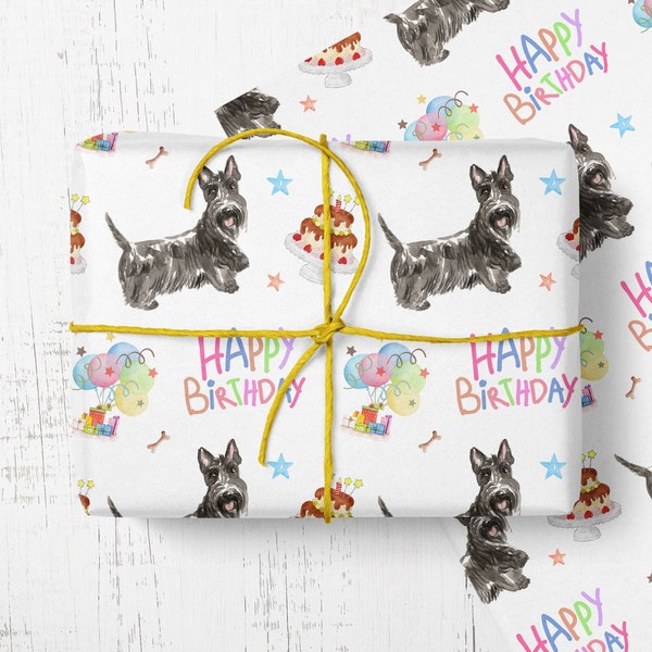Scottish Terrier Birthday Wrapping paper, Scotty dog birthday card pet gift wrap sheets, Terrier dog wrapping paper, animal wrapping