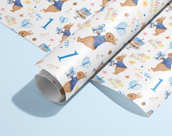 Rabbit 1st Birthday Wrapping Paper Roll: Blue Kids Gift Wrap