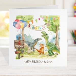 Tarjeta y papel de cumpleaños de dinosaurio para cualquier edad, tarjeta de cumpleaños personalizada para niños y niñas, etiquetas de regalo de papel de regalo de dinosaurio a juego disponibles