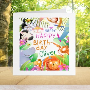 Cartão de aniversário da selva, cartão de aniversário personalizado, cartão de aniversário infantil Safari, qualquer idade e etiquetas de presente de papel de embrulho safari correspondentes disponíveis