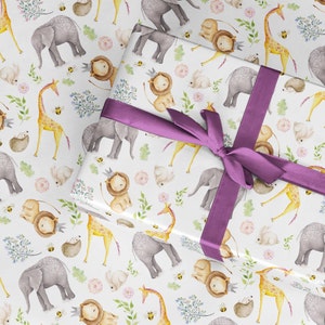 Safari Giraffe Lion Elephant Wrapping paper for Christening, Wrapping Birthday gifts, Gift wrap for girls and boys