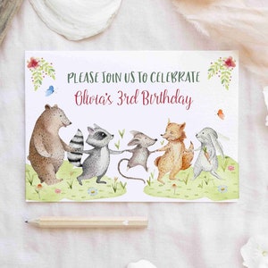Woodland Birthday Invitation, Les enfants invitent à la fête, Animaux amis de la forêt, Fun mignon invite ours renard raton laveur lapin