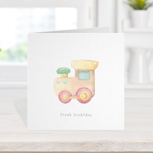 nouvelle carte pour bébé garçon, conception personnalisée de train de carte de 1er anniversaire, carte de félicitations, carte de bébé minimaliste, carte contemporaine