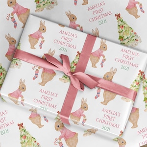 First Christmas Wrapping Paper Personalised UK, 1st Christmas Baby in the UK, Rabbit Wrapping Paper, Rabbit Baby Gift Wrap, Christmas Rabbit