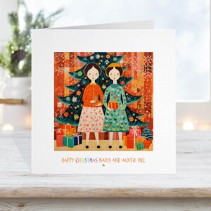 Carte de Noël gay lesbienne, Père Noël Lgbtq+ Fierté, Couple gay femmes Lady, Fun rétro des années 70, amoureux. L 14
