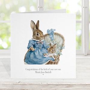 Son New Baby Karte, Jungen Taufkarte, Kaninchen mit neuem Baby, Aquarellillustration, Glückwünsche Ankunft, Sohn Enkel Junge 18