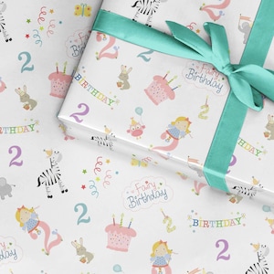 Papel de embrulho para 2º aniversário, papel de embrulho infantil para presente de segundo aniversário de menina, papel de embrulho para menina, bolo de zebra fofo e bonito