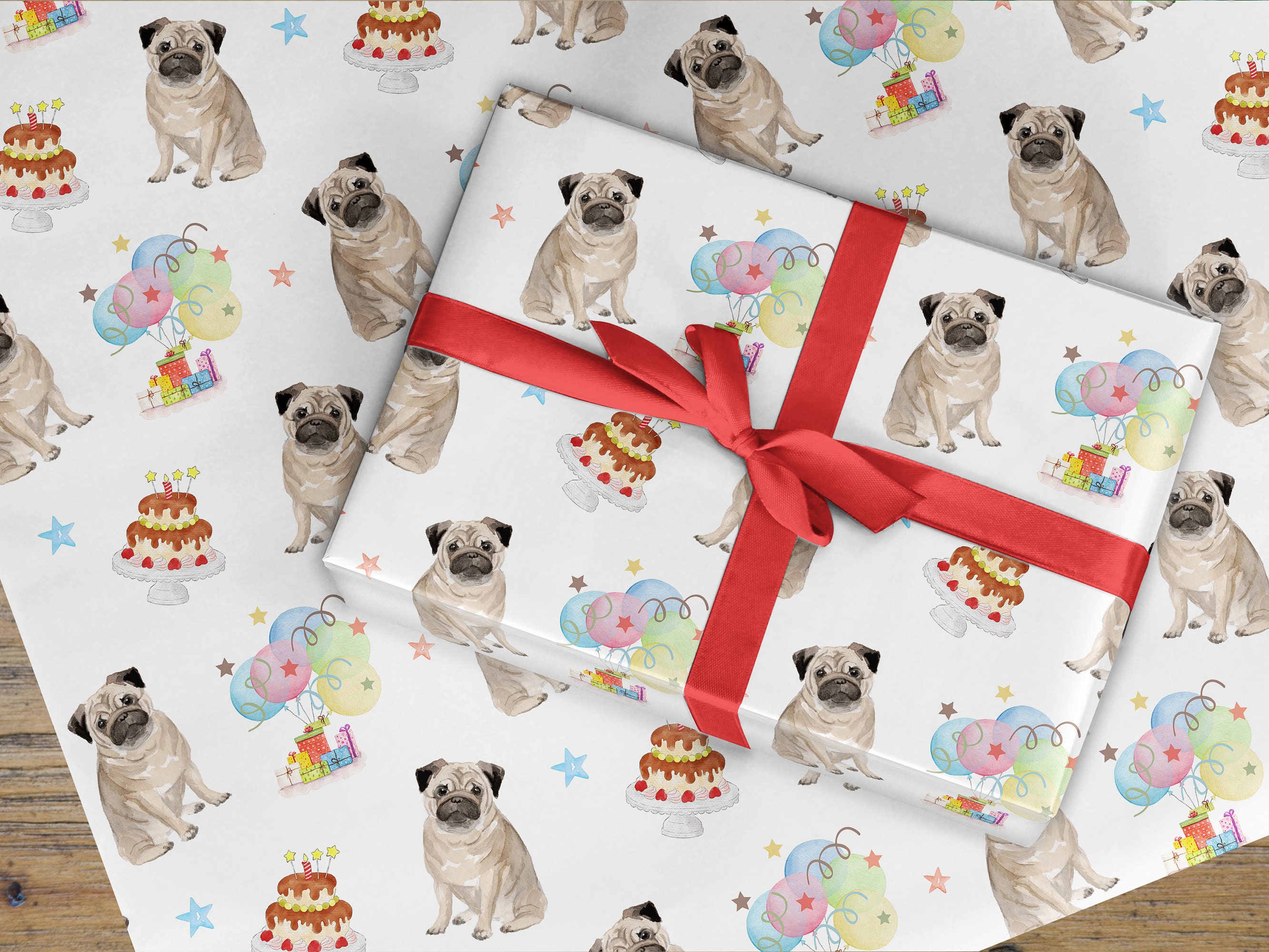 Pug Birthday Wrapping Paper, Pug Birthday Card, Pet Pug Gift Wrap