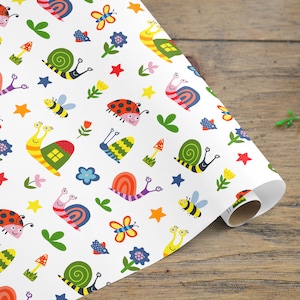 Rouleau de papier d'emballage d'insectes, papier d'emballage d'escargots pour enfants, papier d'emballage de papillons, papier d'emballage de nature, cadeau d'insectes colorés pour anniversaire d'enfants, v1