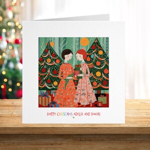 Carte de Noël lesbienne gay, Père Noël Lgbtq + Fierté, femme couple gay, plaisir rétro des années 70, amoureux. L 17