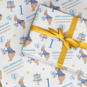 Kinder personalisierte erste Geburtstag Geschenkpapier, Jede Nachricht, Kinder Geburtstag Geschenkpapier, Personalisierte Kinder Papier, Blaues Kaninchen Design
