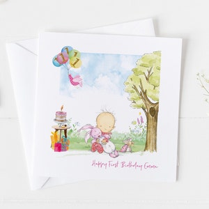 Cartão de primeiro aniversário com papel de embrulho correspondente Cartão de primeiro aniversário de qualquer idade no balão lindas ilustrações em aquarela