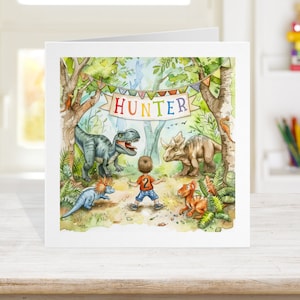 Tarjeta y papel de cumpleaños de dinosaurio, tarjeta de cumpleaños personalizada para niños, cualquier edad y etiquetas de regalo de papel de regalo de dinosaurio a juego disponibles