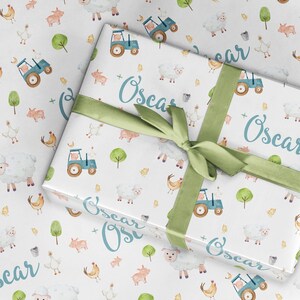 Personalised Farm Wrapping paper roll, Sheep tractor duck kids gift wrap, Birthday present for toddler, Fun name paper for farm yard, animal