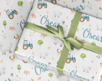 Personalised Farm Wrapping paper roll, Sheep tractor duck kids gift wrap, Birthday present for toddler, Fun name paper for farm yard, animal