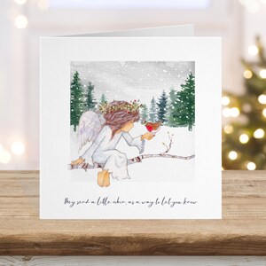 Carte commémorative de Noël en carte de sympathie, carte de deuil de condoléances d'ange et de Robin, rouge-gorge d'aquarelle d'hiver, personnalisation ou carte vierge