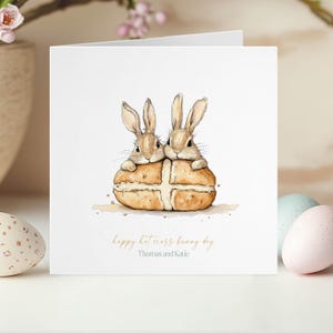 Cartão de Páscoa Hot Cross Bunny - Cartão de felicitações de coelho personalizado, Cartão de coelho de Páscoa, Neto de Páscoa, Caça aos ovos, aquarela de lebre