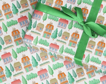 New Home Watercolor Wrapping Paper, Housewarming Gift Wrap