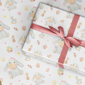 Geschenkpapier für neues Baby Mädchen, Kinder Geburtstagspapier, Glückwünsche Neugeborenes, Babyparty, niedliches Baby Bebe Geschenkpapier, Spielzeug Eiscreme Teddy