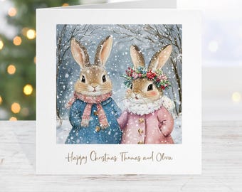 Carte de Noël de petits-enfants, carte de petit-fils et de petite-fille, carte de Noël de jumeaux garçon et fille, carte de Noël d'enfants, carte de Noël de lapin