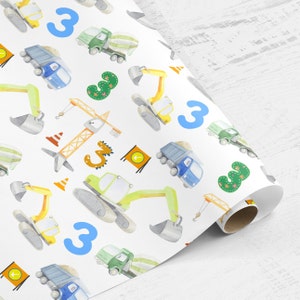 Wrapping paper roll 3rd Birthday, Builder Construction Crane Digger Papier d'emballage pour enfants, 3e anniversaire et Papier d'emballage pour enfants 3