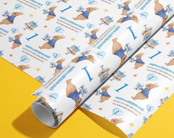 Personalised Roll of Birthday Wrapping Paper Roll by Meter for 1st 2nd 3rd 4th 5th Kids Wrapping Paper UK, Blue rabbit design number