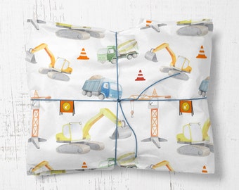 Construction Truck Wrapping Paper: Crane, Digger Birthday Gift Wrap