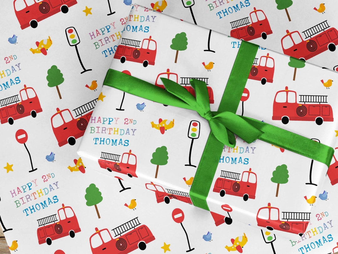 Personalised Fire Engine Wrapping Paper Roll, Any Age, 999 Rescue Emergency Vehicle, Fun Kids