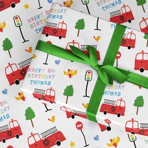 Rotolo di carta da regalo personalizzata per camion dei pompieri, qualsiasi età, veicolo di soccorso e di emergenza 999, divertente carta da regalo per il compleanno dei bambini, pompiere pompiere 911