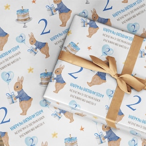 Kinder personalisiertes Geschenkpapier 2. Geburtstag, Jede Nachricht, Kinder Geburtstag Geschenkpapier, Personalisiertes Papier für Kinder, Blaues Kaninchen Design