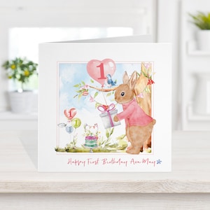 1er anniversaire carte lapin, tout âge avec papier d’emballage assorti, carte d’anniversaire pour enfants et papier d’emballage, mignon doux assez très girly