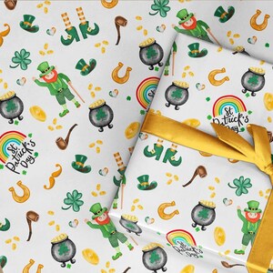 May include: White wrapping paper with a repeating pattern of green shamrocks, gold coins, leprechauns, rainbows, and pipes. The text "St. Patrick's Day" is repeated throughout the pattern.