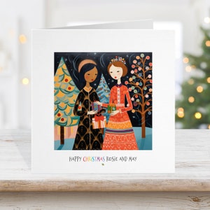 Biglietto di Natale gay lesbico, Babbo Natale Lgbtq+ Pride, coppia gay donne donne, etnico africano birazziale bianco e nero, amanti .L 6