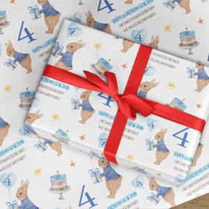 Papier d'emballage personnalisé pour 4e anniversaire pour enfants, Tout message, Papier d'emballage d'anniversaire pour enfants, Papier personnalisé pour enfants, Motif lapin bleu