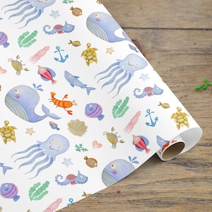 Rouleau de papier d'emballage sous la mer, papier d'emballage sous la mer, papier d'emballage de baleine, papier d'emballage d'anniversaire d'enfants, poisson pieuvre hippocampe étoile de mer