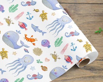Sea Wrapping Paper Roll, Under the Sea Wrapping Paper, Whale wrapping paper, Kids Birthday wrapping paper, Octopus fish Seahorse Starfish