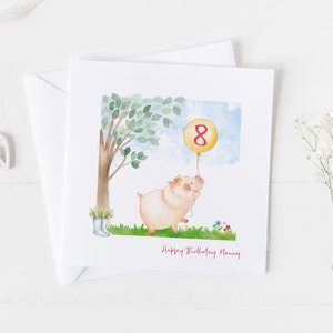 Carte d’anniversaire de cochon tenant un ballon d’anniversaire, carte d’anniversaire mignonne d’anniversaire d’adolescent de tout âge, carte d’animal de ferme, carte d’aquarelle douce