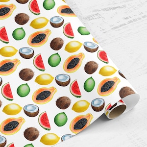 Rollo de papel para envolver frutas, papel para envolver regalos con diseño de sandía y coco, papel para envolver regalos con diseño de lima tropical, papel colorido y divertido