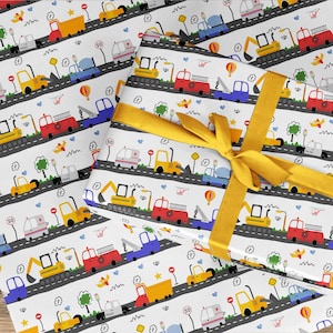 Transport Wrapping Paper Roll, Vehicles police ambulance fire engine digger truck dumper lorry car, construction cute birthday gift wrap uk