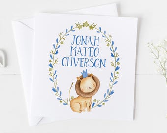 Tarjeta de bebé o bautizo con diseño de león en acuarela