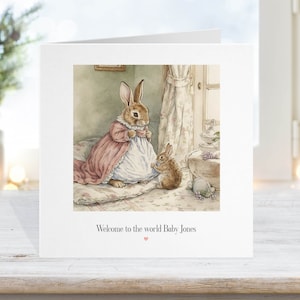 Nouveau bébé carte unisexe, carte de baptême, lapin avec nouveau bébé, illustrations aquarelle, fille garçon fils rose bleu, félicitations arrivée 14