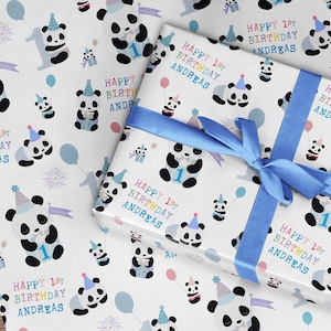 Panda 1. Geburtstag Geschenkpapier, Blau oder Pink Personalisiertes Kinder Geburtstagspapier, Personalisiertes Papier für Kinder, Panda Pastell Design
