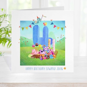 Biglietto di compleanno per dolci per il 4° compleanno, biglietto di compleanno personalizzato con caramelle blu, biglietto di compleanno per bambini, qualsiasi età, carta da regalo e etichette per caramelle abbinate disponibili